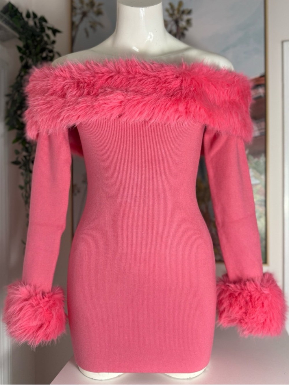 Fashion Nova Pink Faux Fur Sweater Mini Dress Small Off Shoulder Long Sleeve
